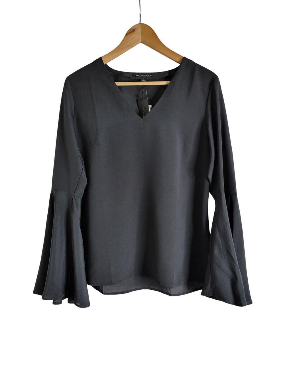 Banana Republic Black V-neck Blouse Dramatic Long Bell Sleeves Size Small NWT